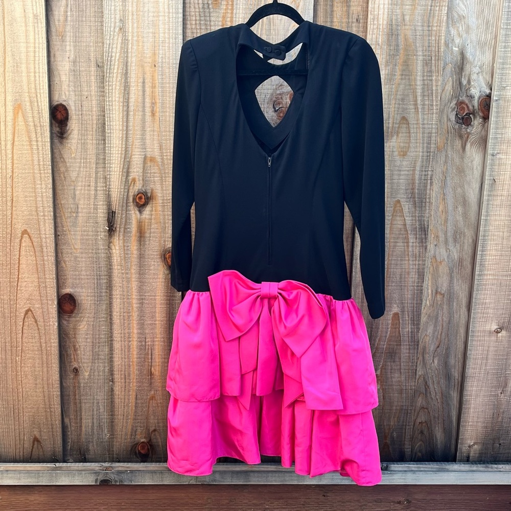 Vintage Rimini Black & Pink Party Dress Size 14 w/ Cutout Ruffles & Bow - Picture 8 of 8